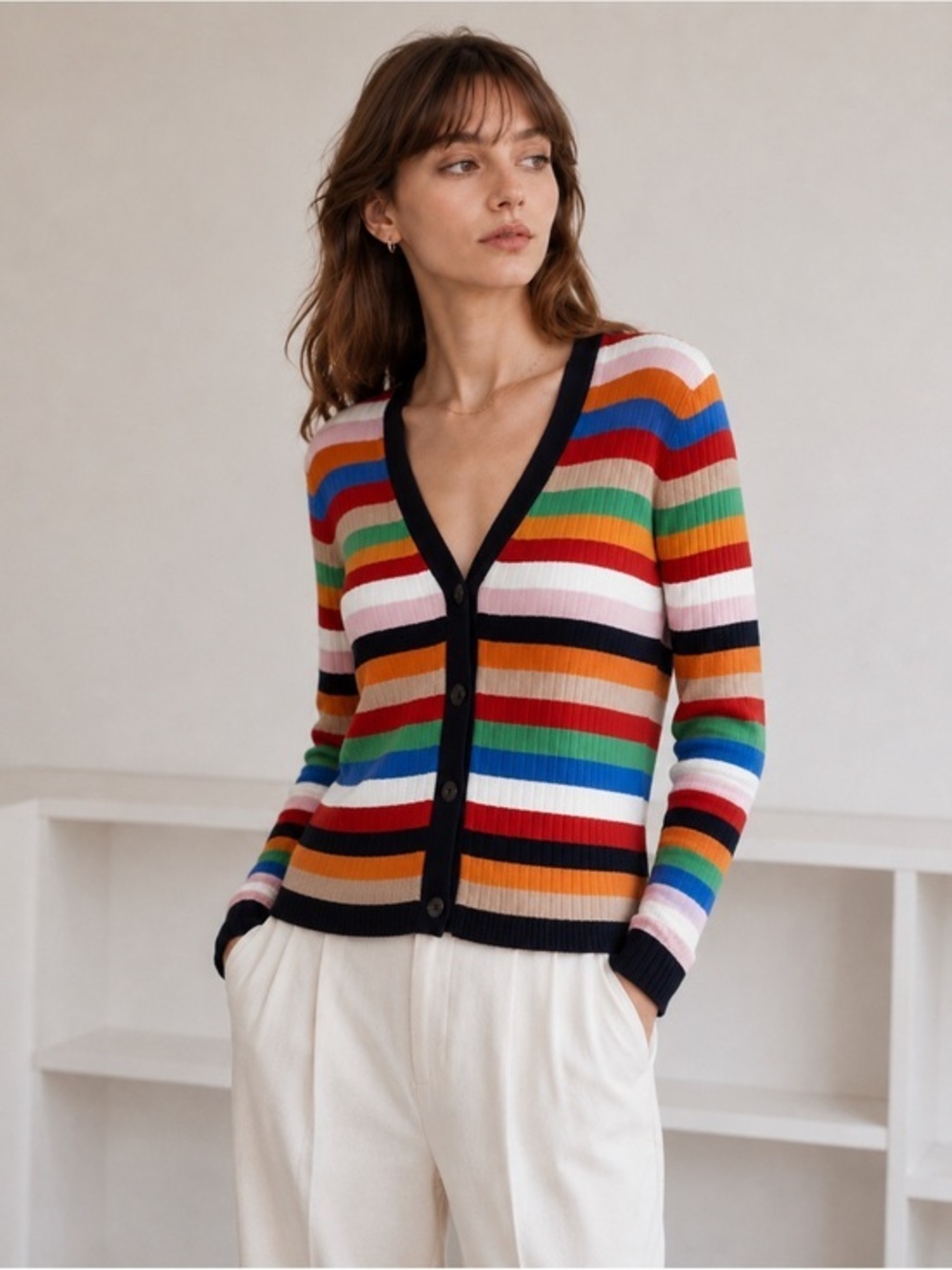 Autumn cashmere colorful cashmere  striped ribbed knit cardigan sweater
